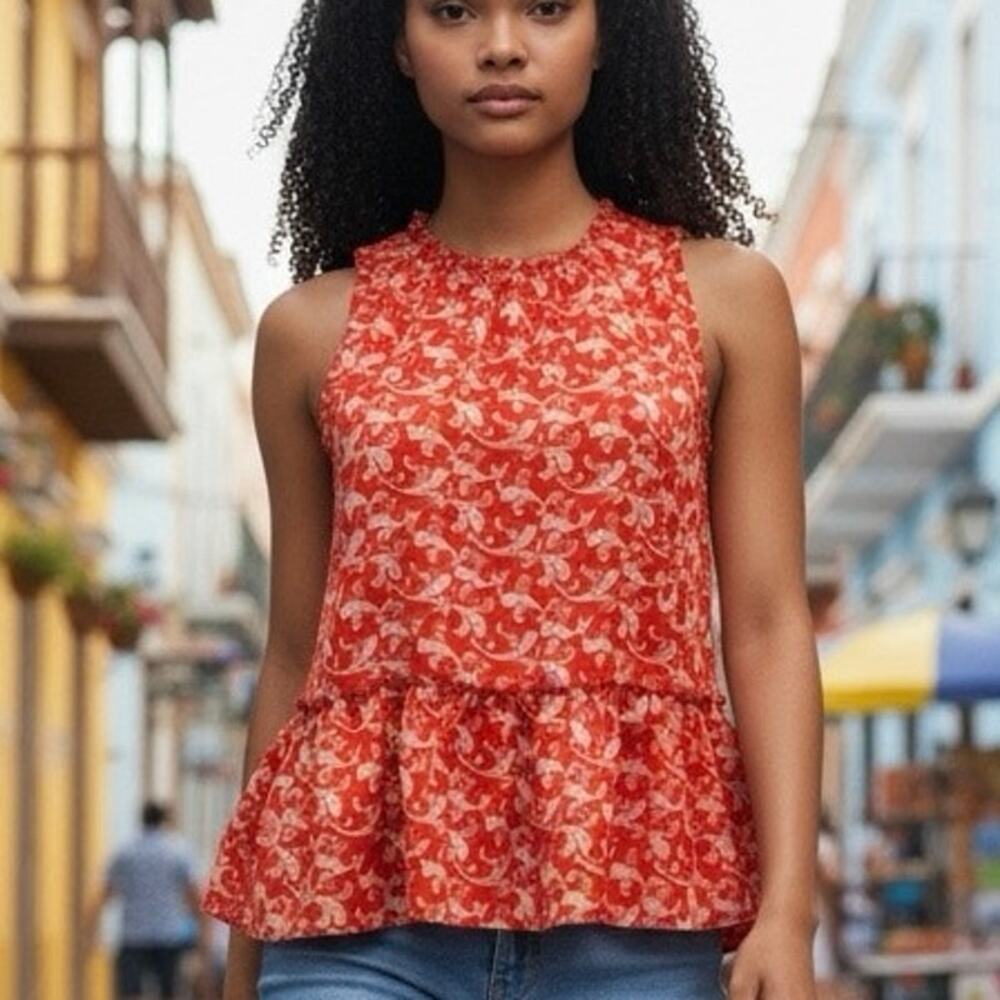 Ann Taylor Blouse Sleeveless Paisley print Reddish Orange & white Size XS NWT